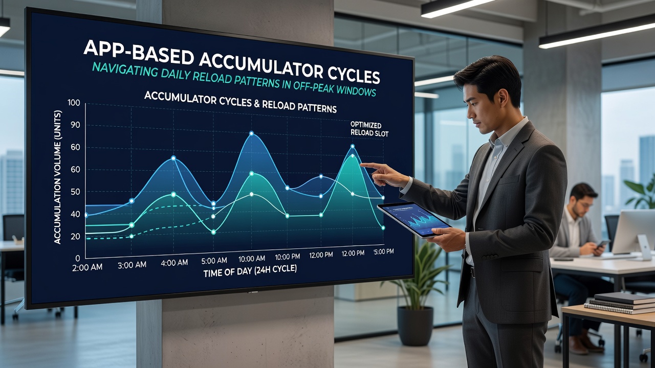 Graph showing accumulator reload frequency spikes during identified off-peak time windows across multiple regions