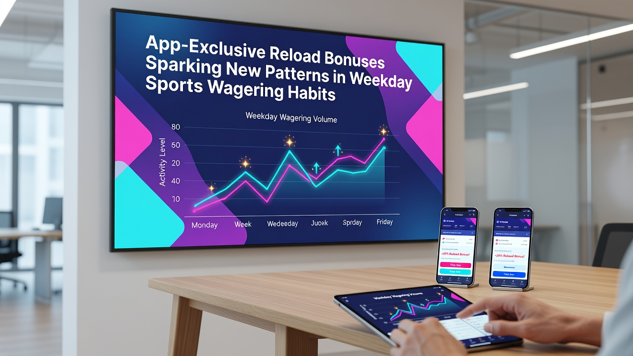 Graph overlay on a tablet showing weekday betting volume increase after app reload bonus rollout