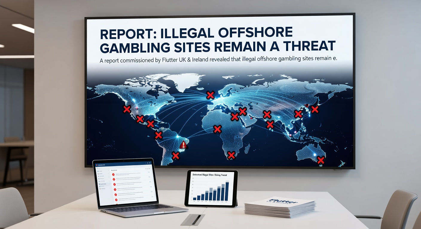 Graph showing monthly UK visitor spikes to illegal casinos from late 2025, with Curaçao flag and warning icons overlaid