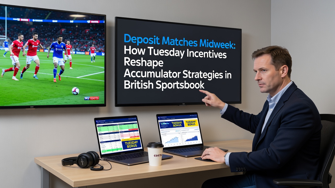 Sportsbook interface displaying accumulator builder with Tuesday deposit match indicators