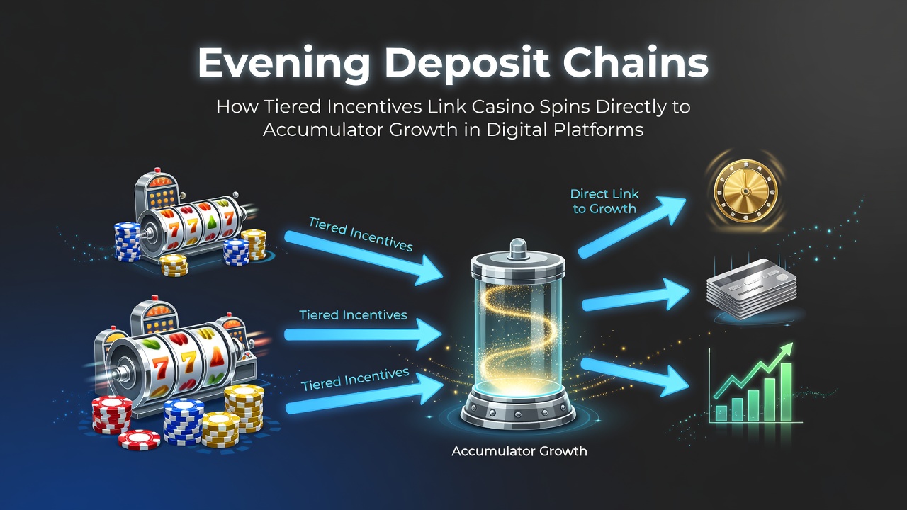 Digital interface showing evening deposit chains with tiered incentives connecting casino spins to accumulator growth metrics