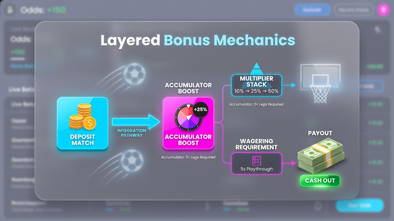 Diagram showing deposit match bonuses combining with accumulator boost features in a mobile wagering app interface