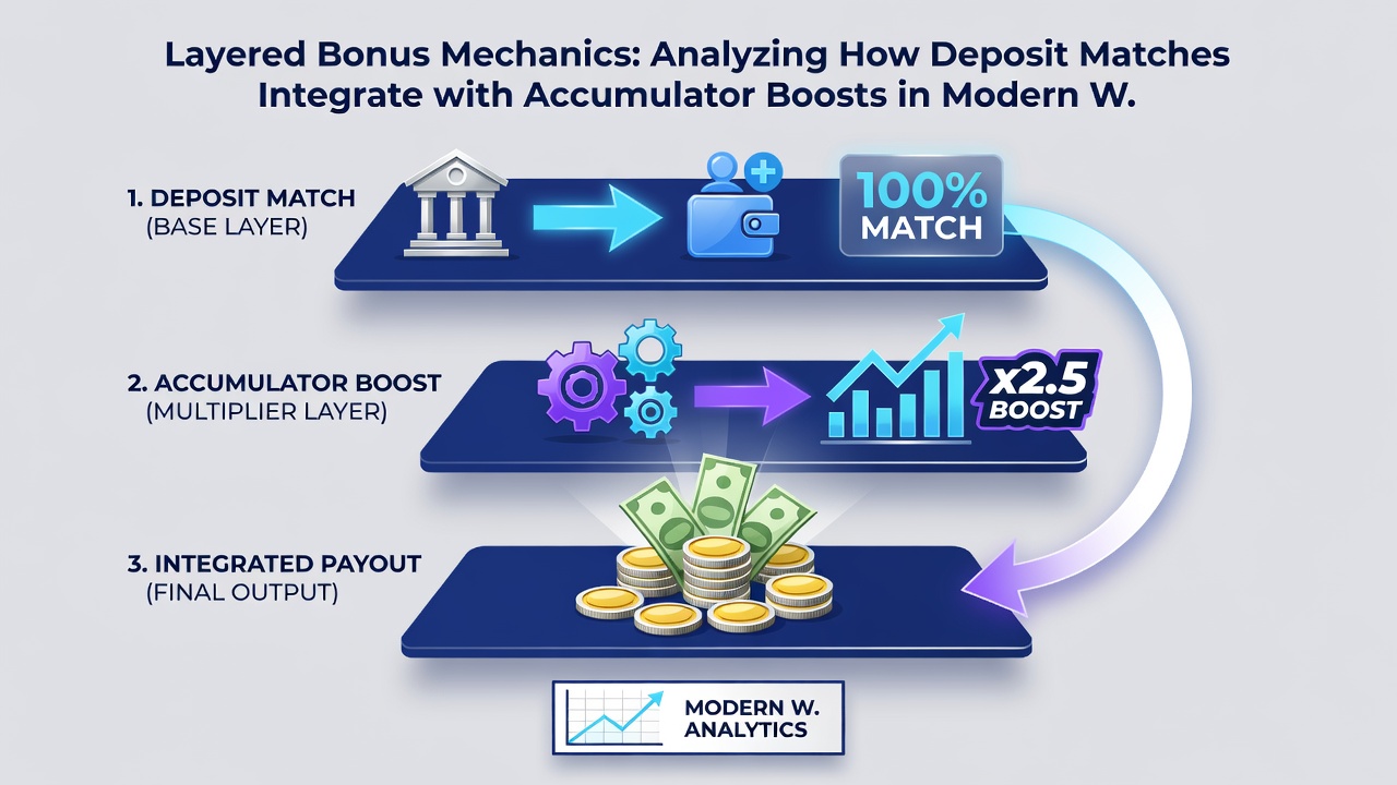Mobile app screenshot illustrating a layered bonus where a deposit match funds an accumulator bet with boost applied