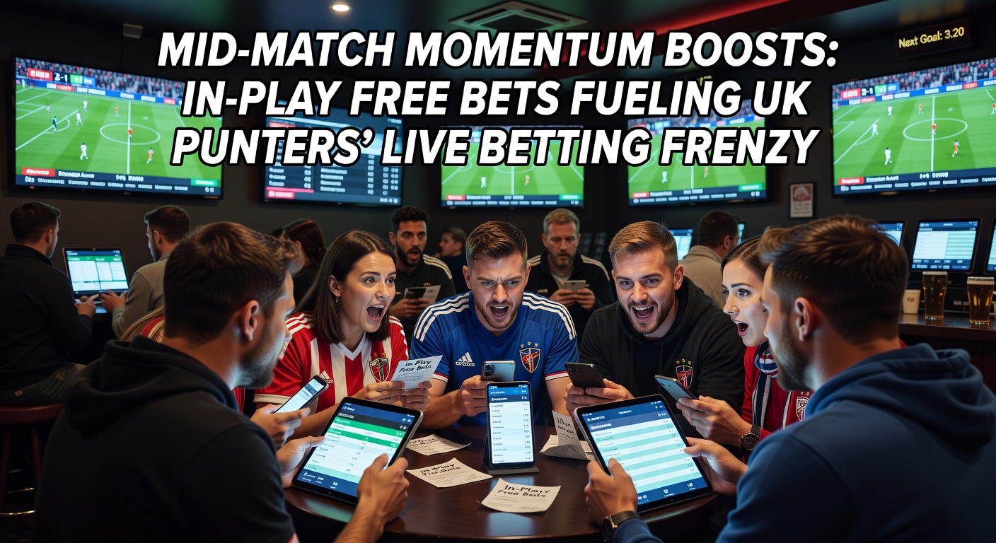 Dynamic in-play betting interface showing live football match odds shifting mid-game with free bet promotions highlighted