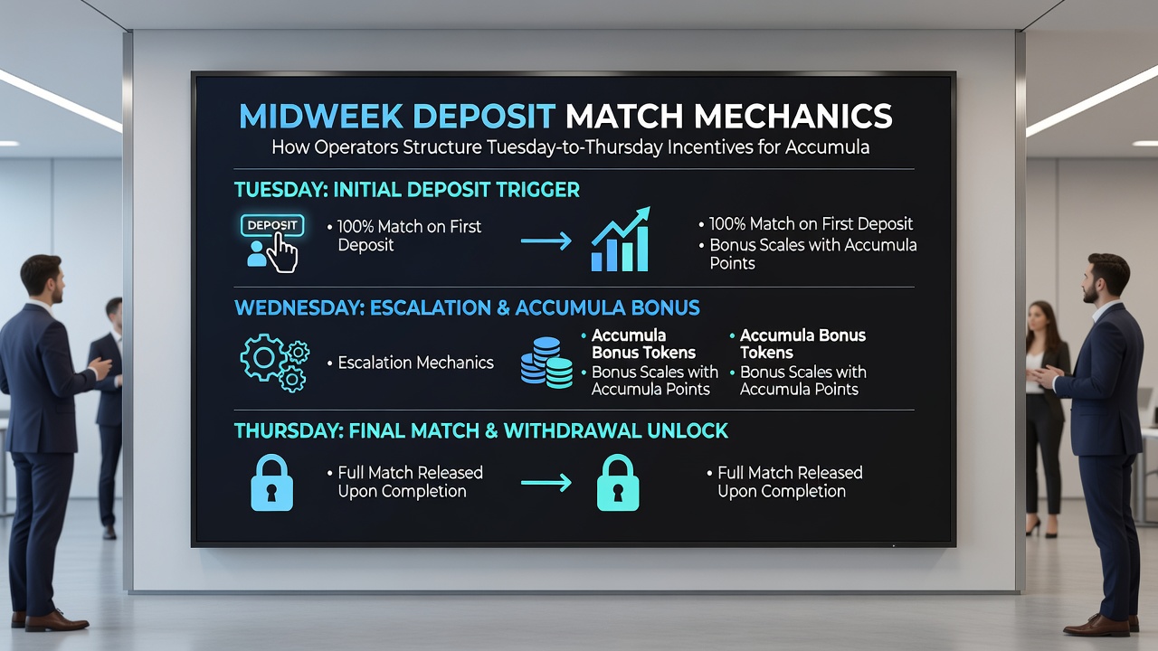 Mobile app screenshot displaying accumulator bet builder with active midweek deposit match promotion