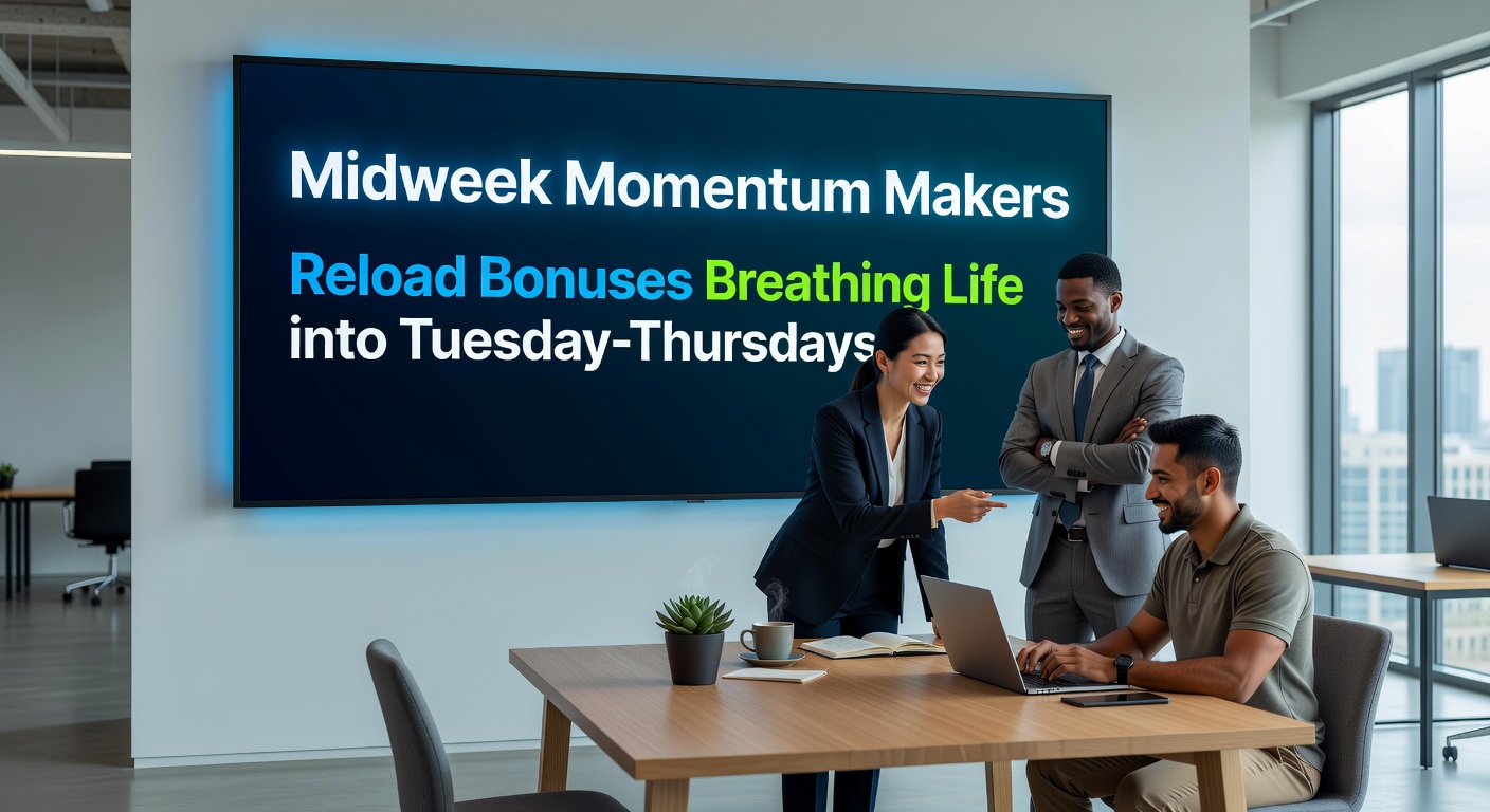 Vibrant illustration of a calendar highlighting Tuesday through Thursday with glowing reload bonus icons and betting slips overlayed, symbolizing midweek excitement in sports wagering