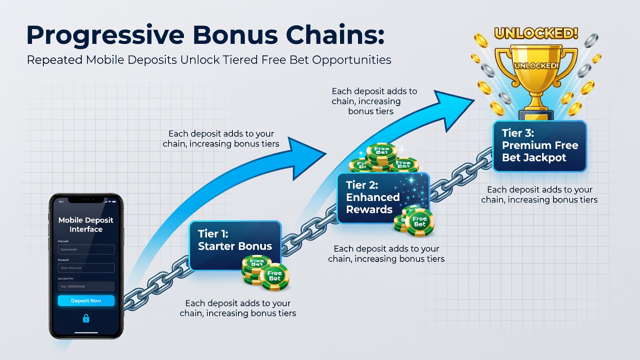Infographic illustrating tier progression through repeated mobile deposits and unlocked free bets
