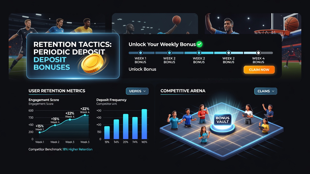 Analytics dashboard displaying retention rates and deposit bonus redemption trends in sports betting
