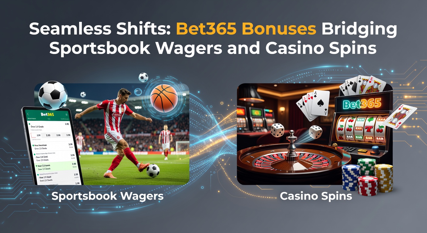 Bet365 platform showing sportsbook bets transitioning to casino spins with bonus overlays