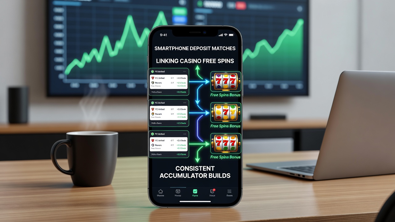 Mobile app dashboard displaying free spin winnings converted into accumulator bet placements
