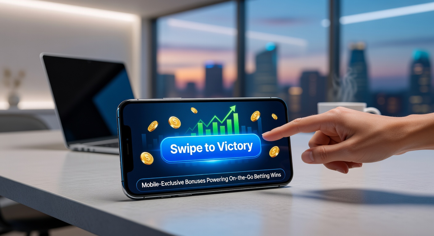 Person swiping on a mobile phone during a live sports event, with bonus icons and winning bet notifications overlayed on the stadium crowd background