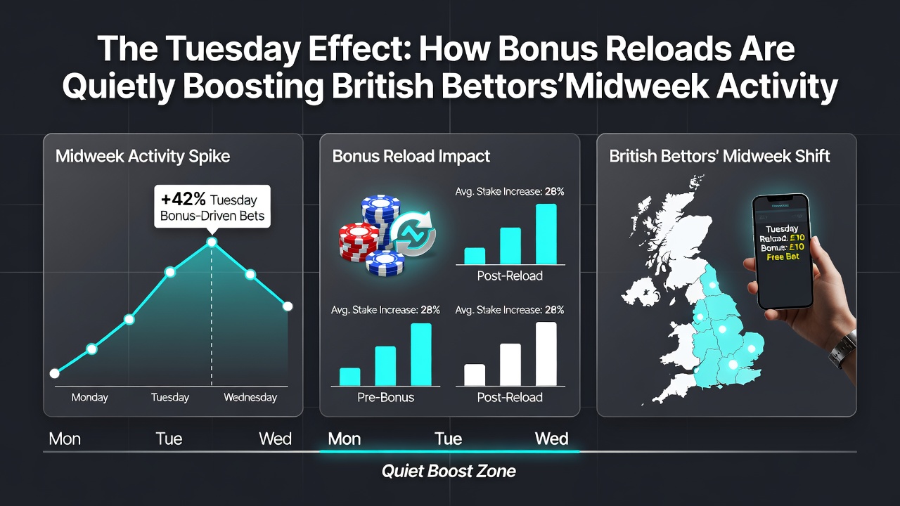 Chart displaying midweek betting volume increases linked to reload bonuses across UK platforms in 2026