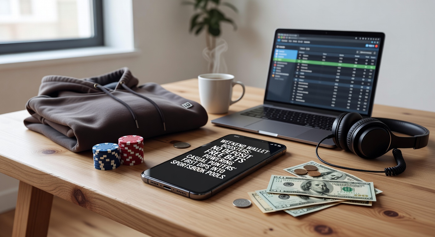 Casual punters celebrating a winning free bet on a weekend football match, with mobile app screens showing no-deposit offers in action