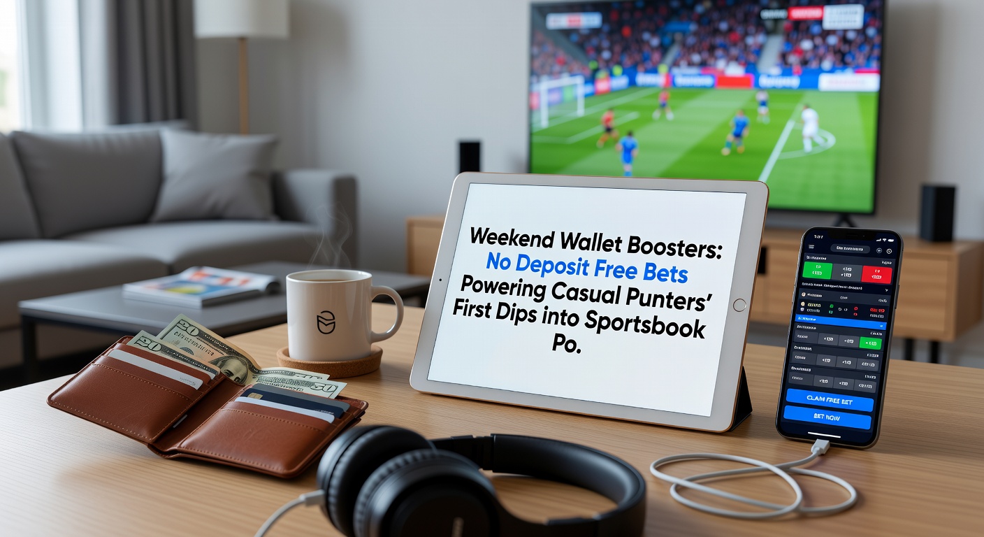 Smartphone displaying a no-deposit free bet offer during a lively weekend sportsbook event, surrounded by odds screens and cheering crowds